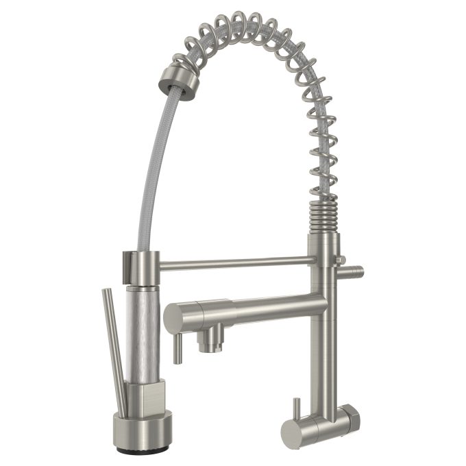 3265 - Torneira Cozinha de Parede Gourmet Aço Inox Escovado Gatilho Escovado